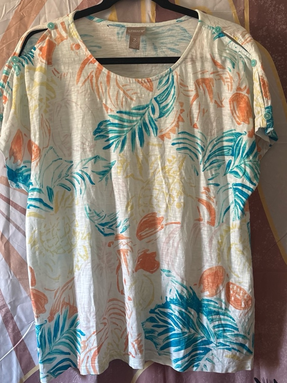 Chico’s White Tropical Print Short Sleeve Tee with Teal and Coral Accents